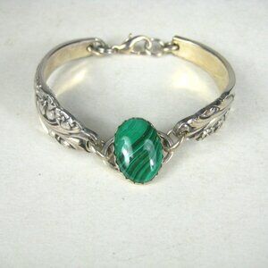 Vintage Silver Malachite Stone Bracelet Faux Spoon Ring Floral Replaced Clasp